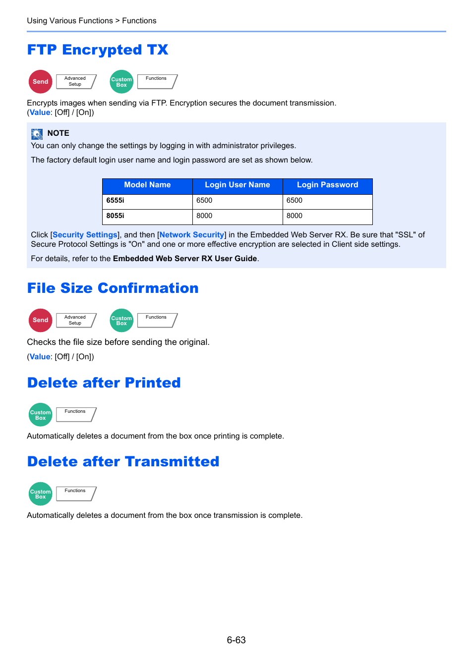 Ftp encrypted tx, File size confirmation, Delete after printed | Delete after transmitted | TA Triumph-Adler 6555i User Manual | Page 313 / 540