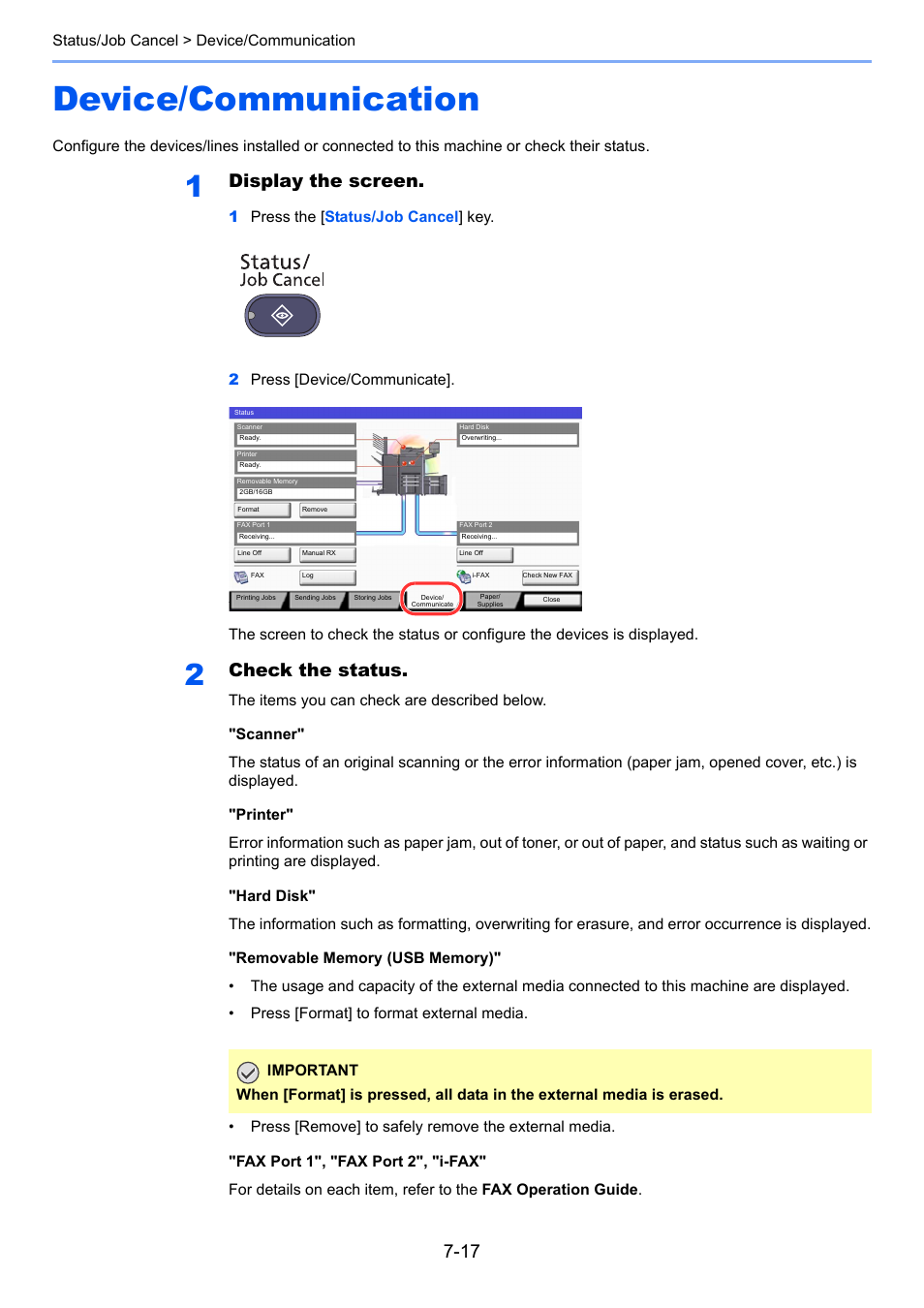 Device/communication, Device/communication -17, Refer to | Display the screen, Check the status | TA Triumph-Adler 6555i User Manual | Page 333 / 540