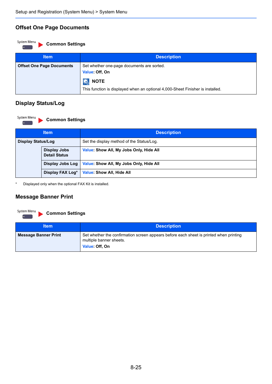 Display status, This settin, Offset one page documents display status/log | Message banner print | TA Triumph-Adler 6555i User Manual | Page 359 / 540