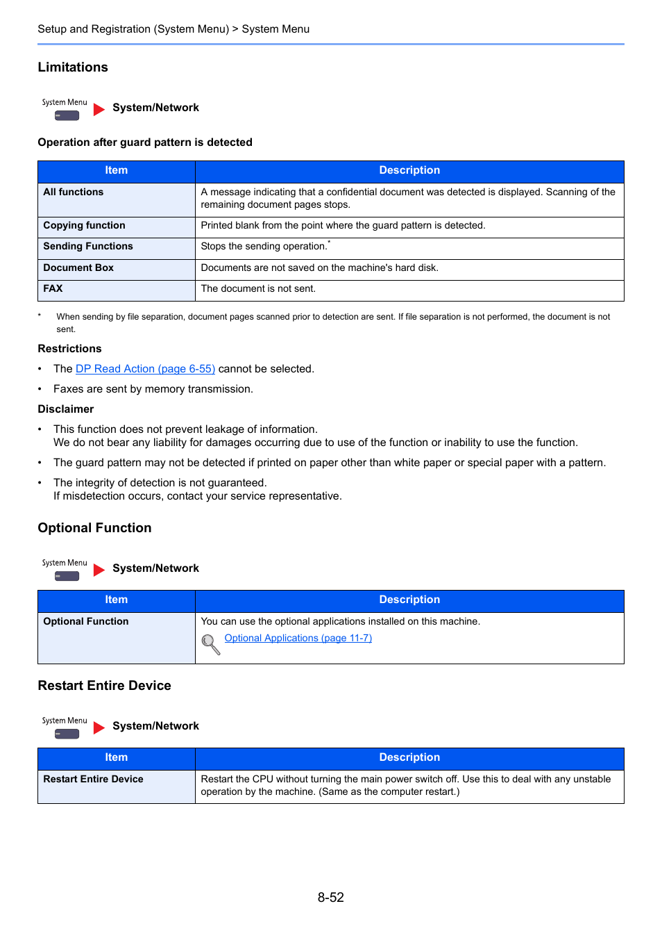 Limitations, Optional function restart entire device | TA Triumph-Adler 6555i User Manual | Page 386 / 540