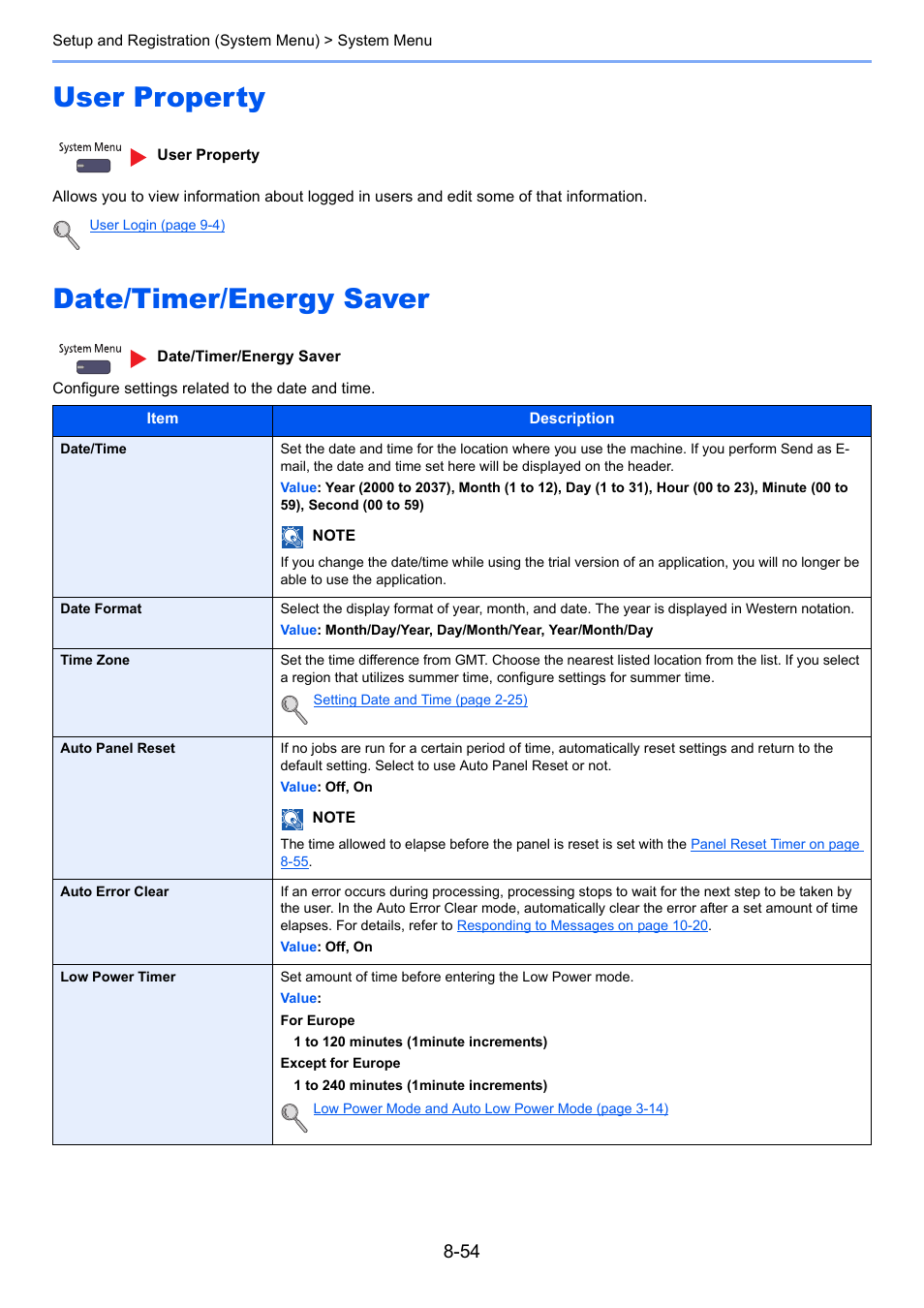 User property, Date/timer/energy saver, User property -54 date/timer/energy saver -54 | R to | TA Triumph-Adler 6555i User Manual | Page 388 / 540
