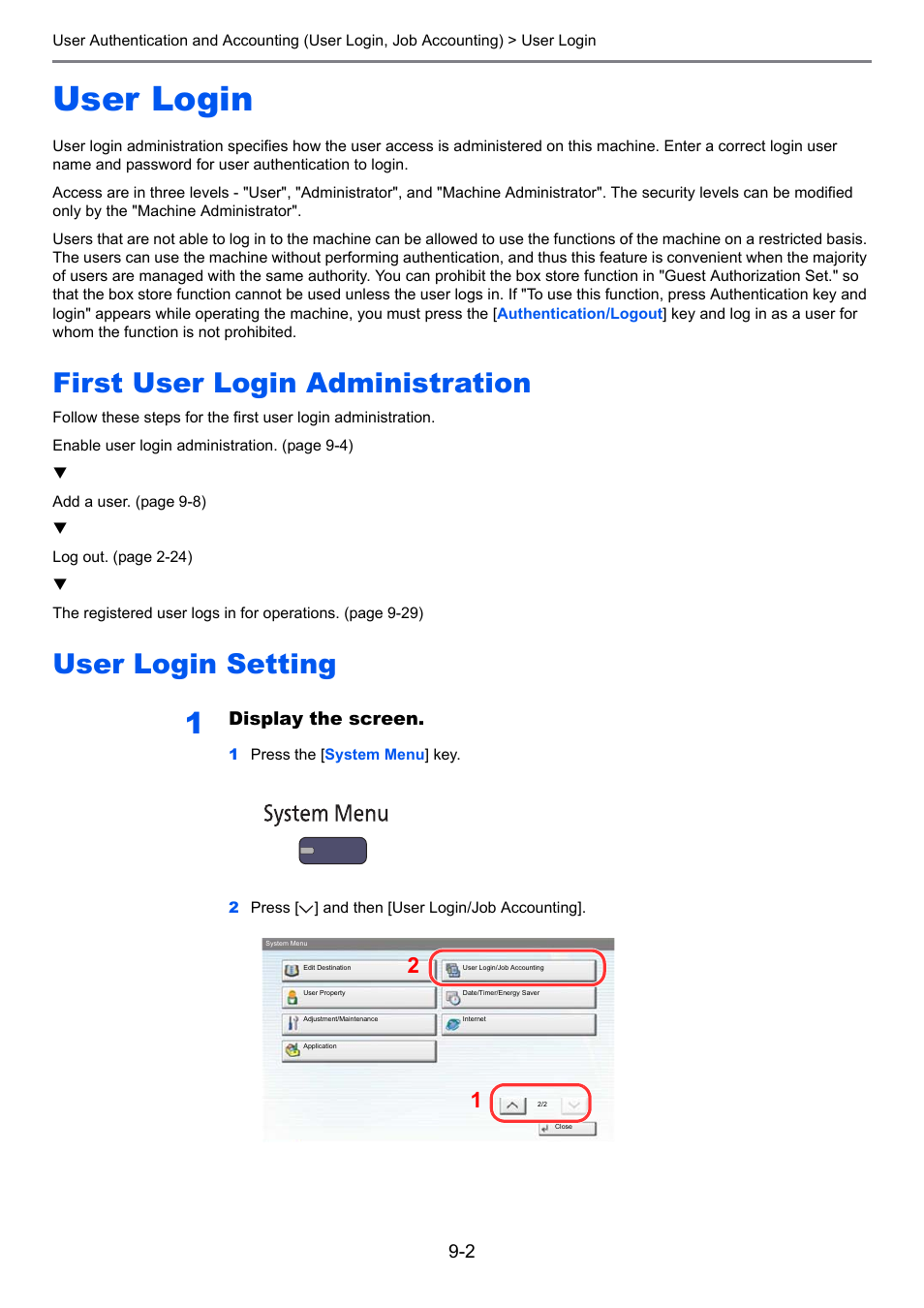 User login, First user login administration, User login setting | User login -2, Display the screen | TA Triumph-Adler 6555i User Manual | Page 396 / 540
