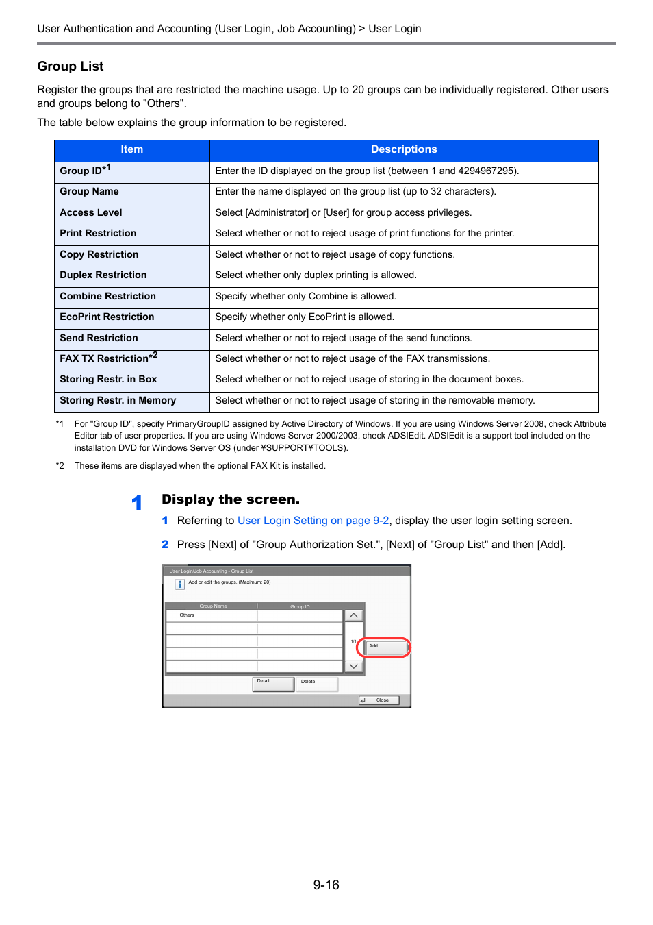 Group list, Display the screen | TA Triumph-Adler 6555i User Manual | Page 410 / 540