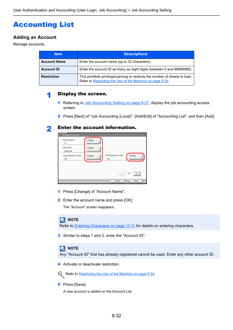 Accounting list, Accounting list -32, Adding an account | Display the screen, Enter the account information | TA Triumph-Adler 6555i User Manual | Page 426 / 540