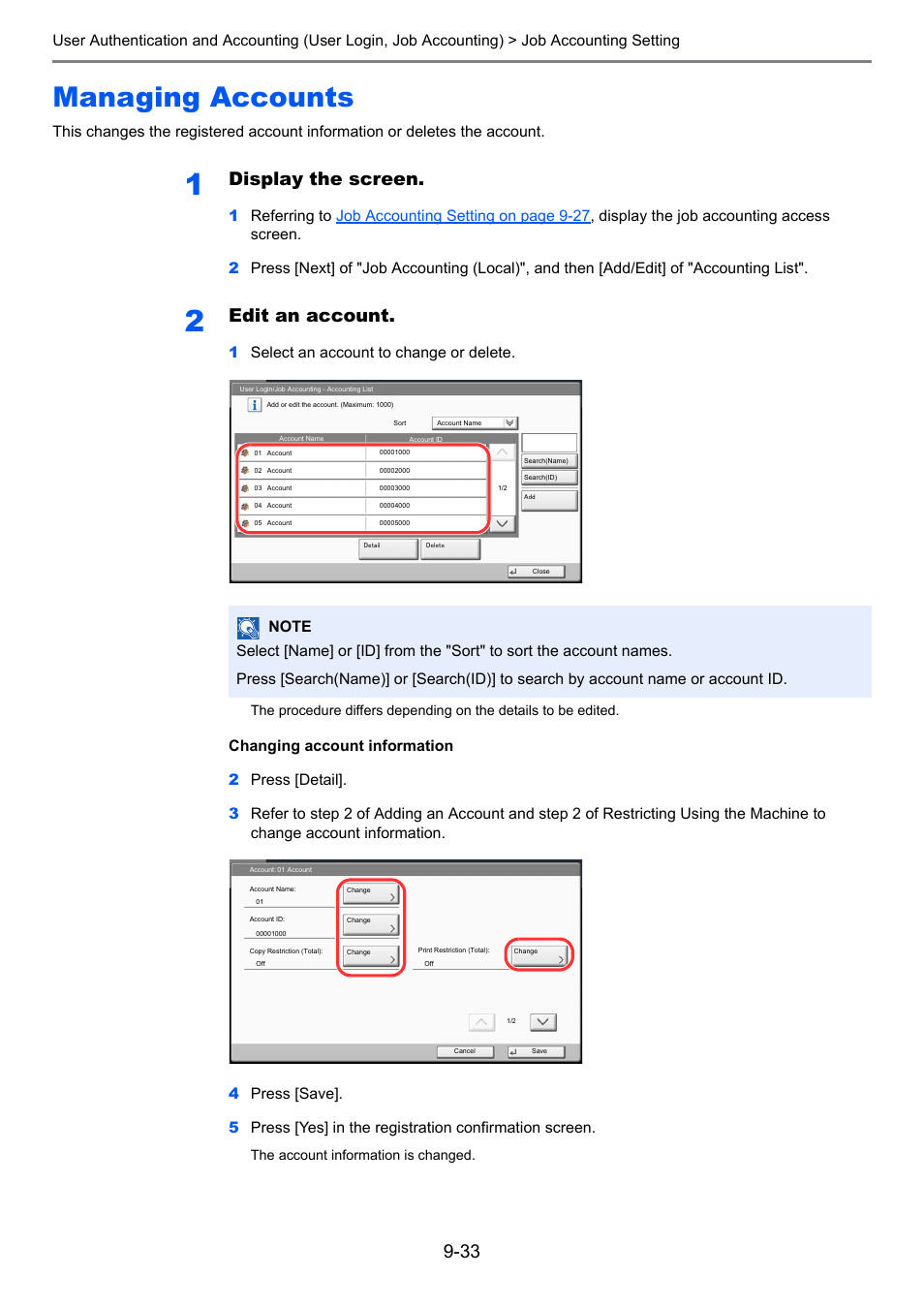 Managing accounts, Managing accounts -33, Display the screen | Edit an account, 1select an account to change or delete | TA Triumph-Adler 6555i User Manual | Page 427 / 540