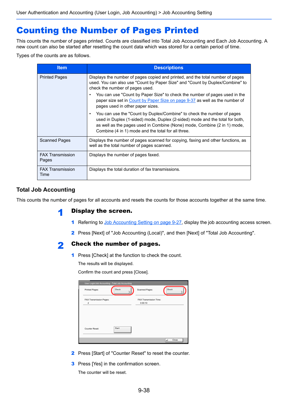 Counting the number of pages printed, Total job accounting, Display the screen | Check the number of pages | TA Triumph-Adler 6555i User Manual | Page 432 / 540