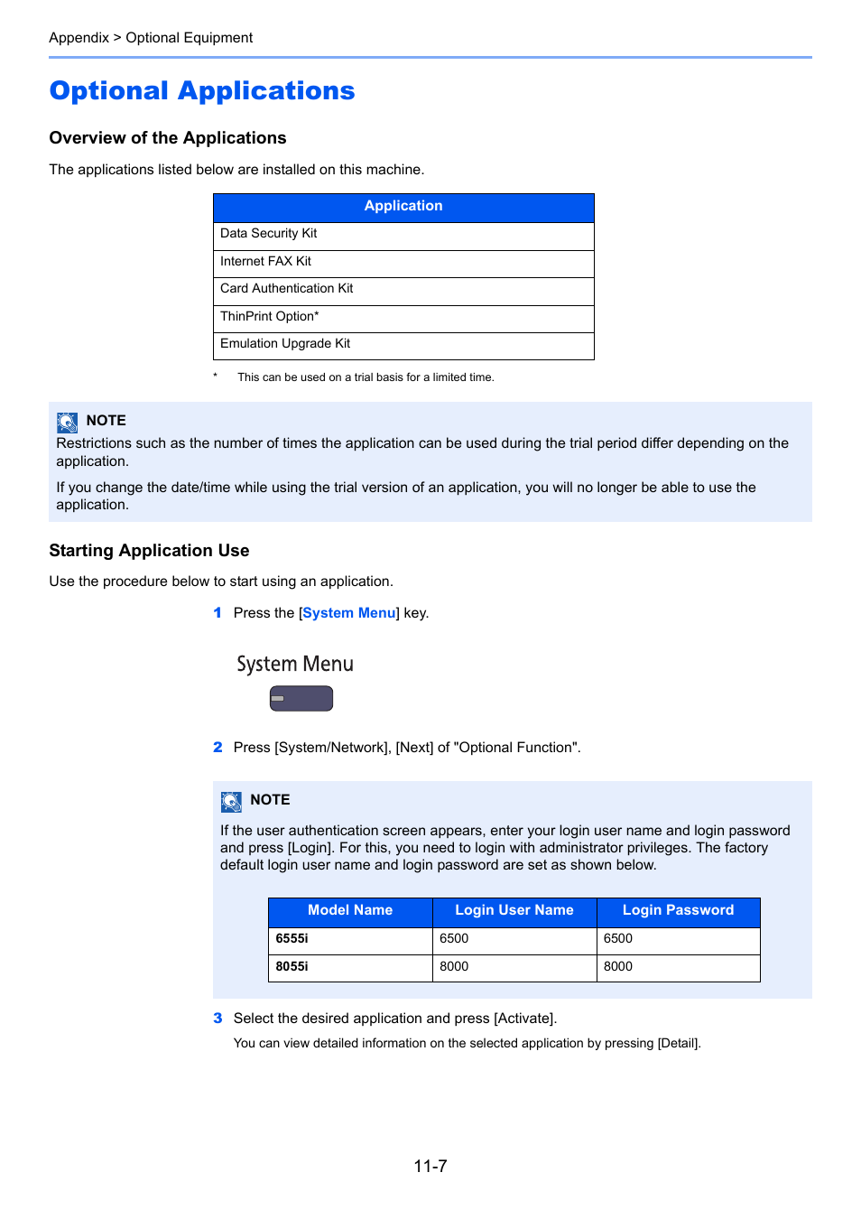 Optional applications, Optional applications -7, Overview of the applications | Starting application use | TA Triumph-Adler 6555i User Manual | Page 505 / 540