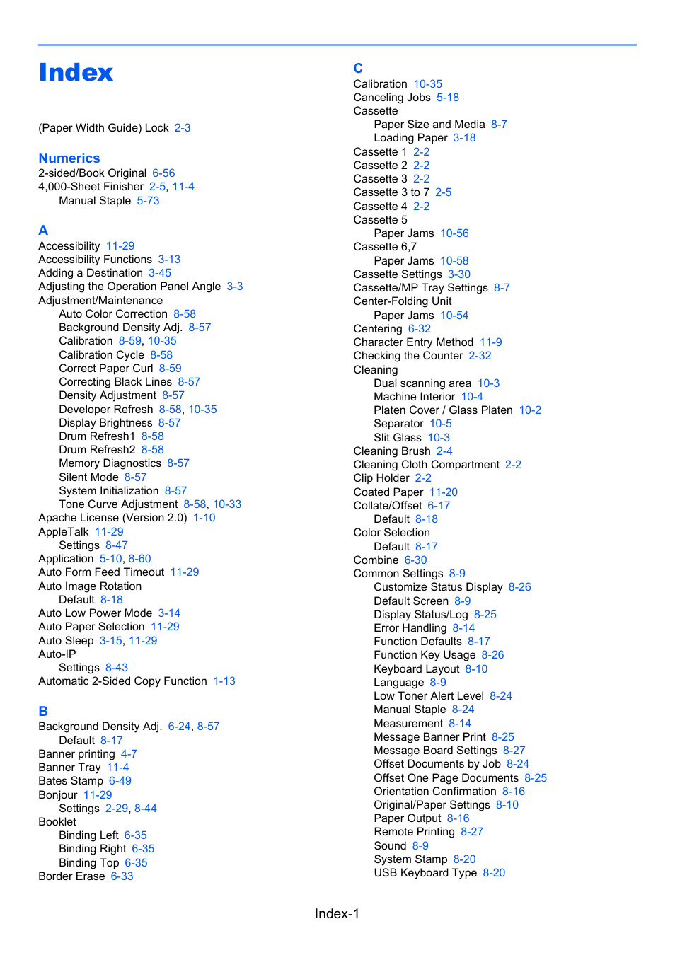 Index, Index-1, Numerics | TA Triumph-Adler 6555i User Manual | Page 531 / 540