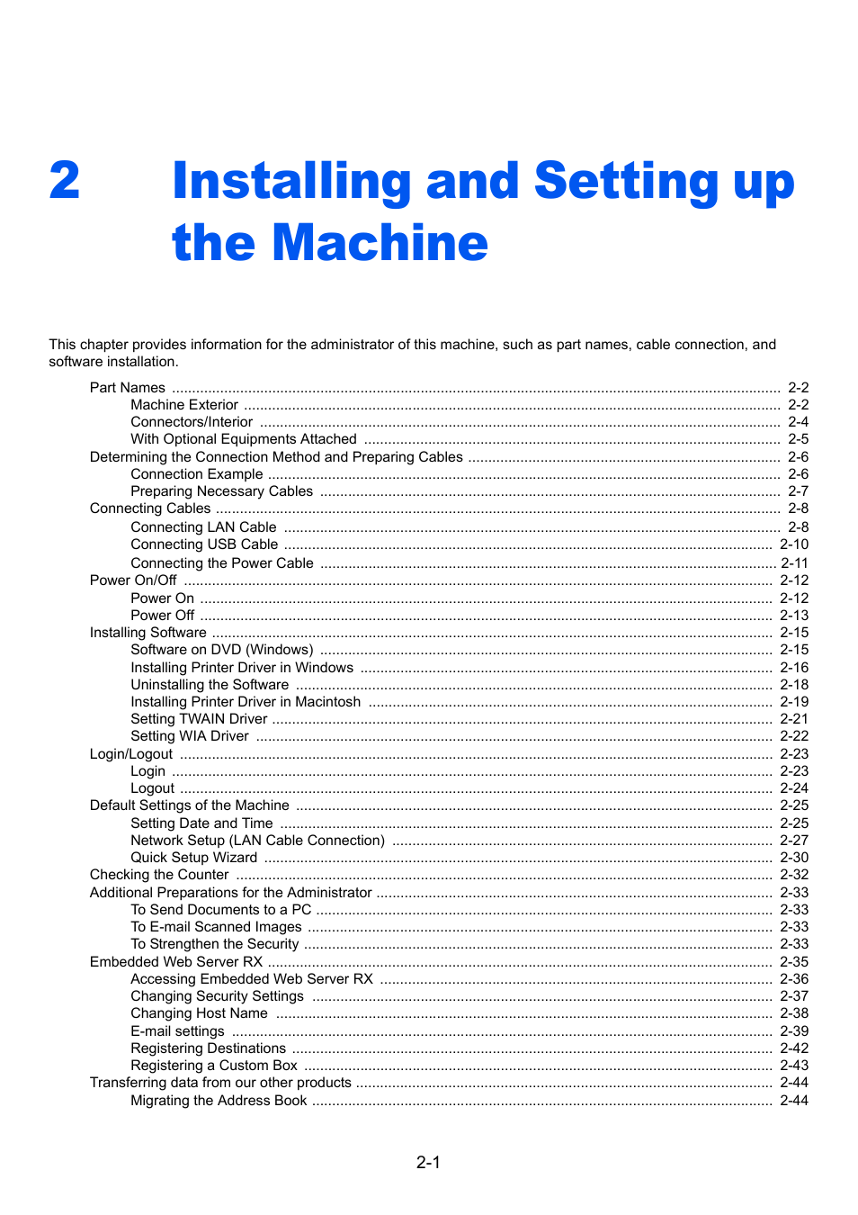 2 installing and setting up the machine, Installing and, Installing and setting up the machine | Installing and setting up the machine -1, 2installing and setting up the machine | TA Triumph-Adler 6555i User Manual | Page 57 / 540
