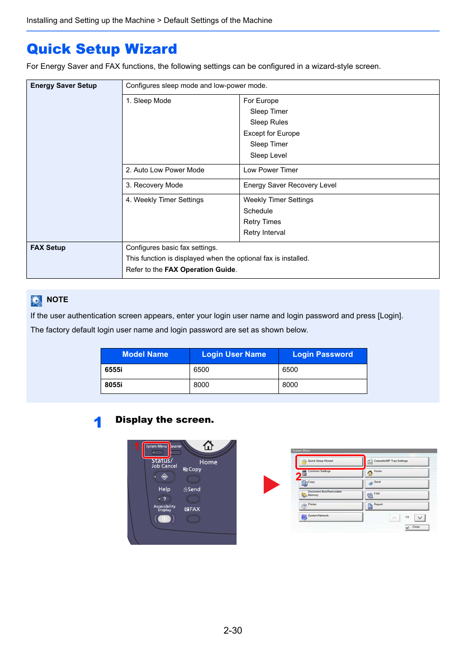Quick setup wizard, Quick setup wizard -30, Display the screen | TA Triumph-Adler 6555i User Manual | Page 86 / 540
