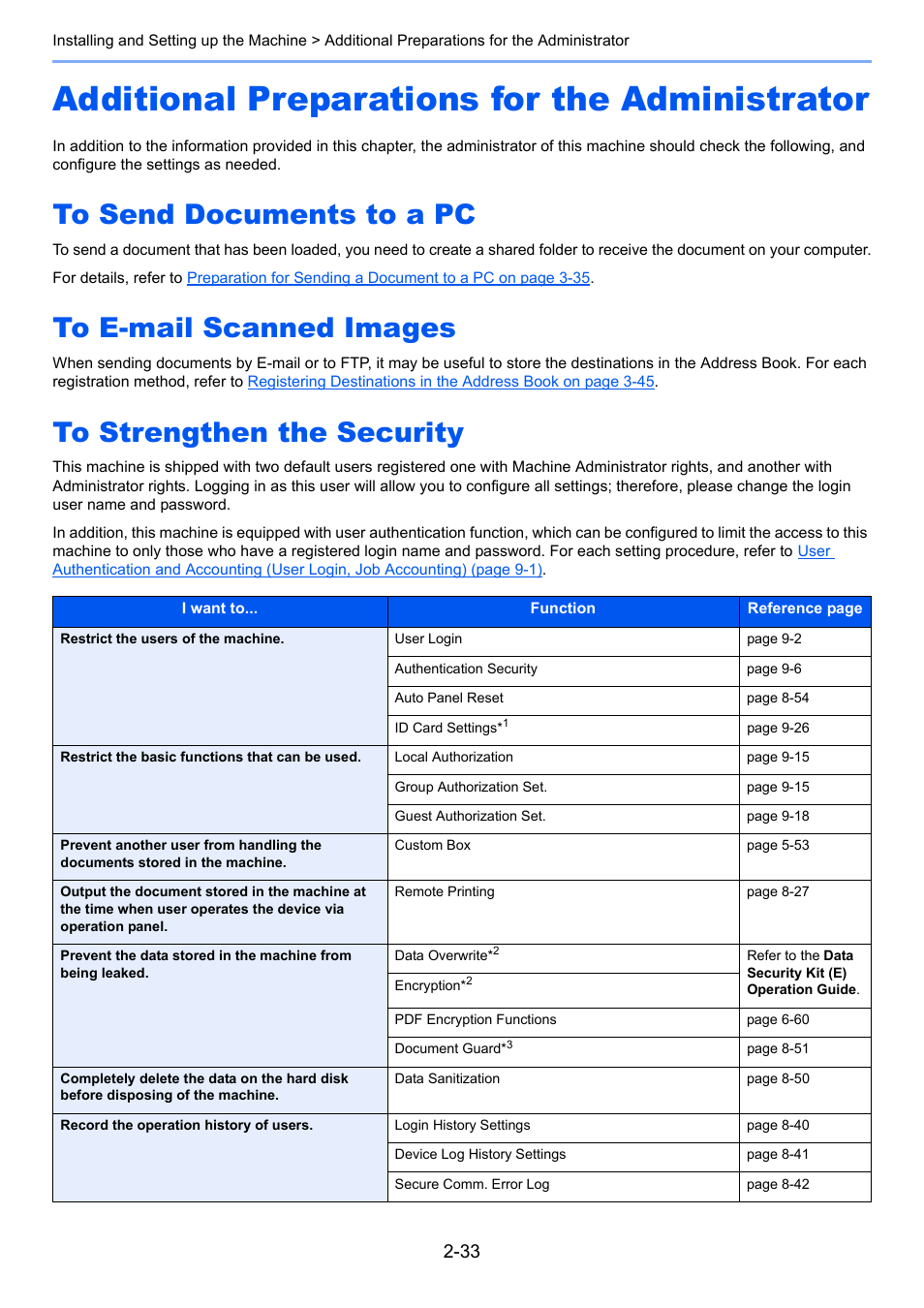 Additional preparations for the administrator, To send documents to a pc, To e-mail scanned images | To strengthen the security, Additional preparations for the administrator -33 | TA Triumph-Adler 6555i User Manual | Page 89 / 540
