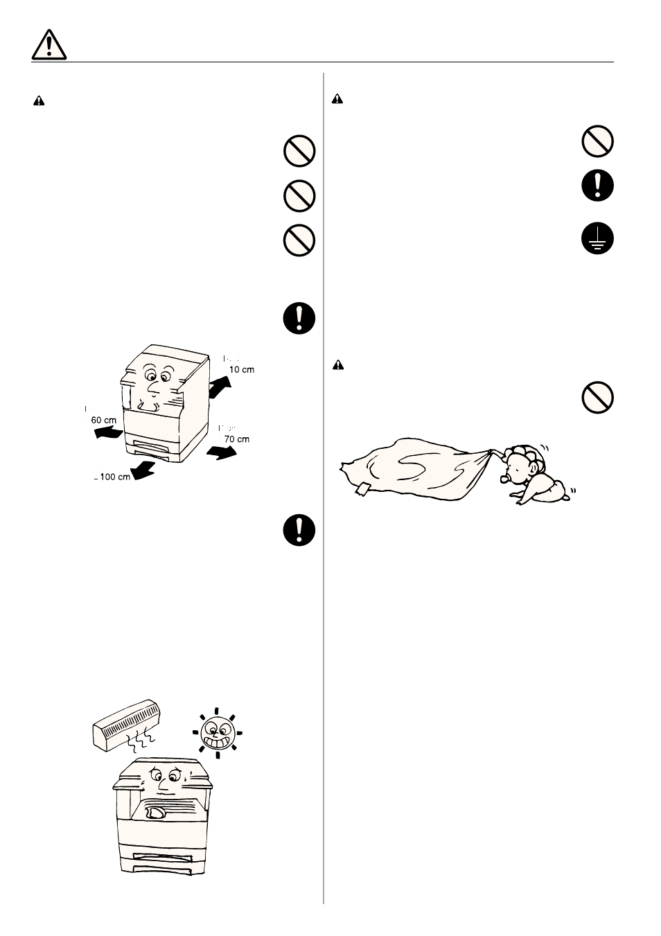 Installation precautions, Power supply/grounding the copier, Handling of plastic bags | Environment | TA Triumph-Adler DC 2015 User Manual | Page 8 / 57