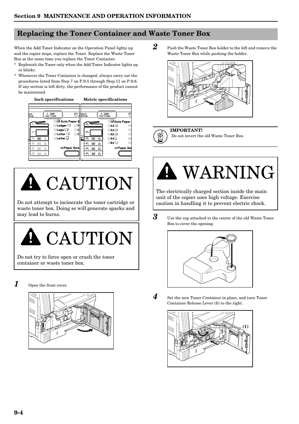Replacing the toner container and waste toner box, Caution, Warning | TA Triumph-Adler DC 2016 User Manual | Page 108 / 123