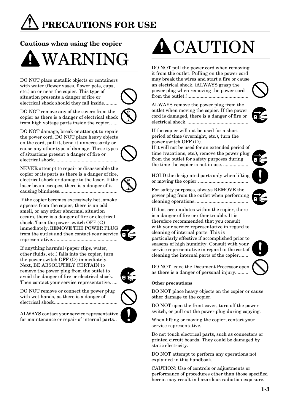 Precautions for use, Precautions for use -3, Warning | Caution, Cautions when using the copier | TA Triumph-Adler DC 2016 User Manual | Page 11 / 123