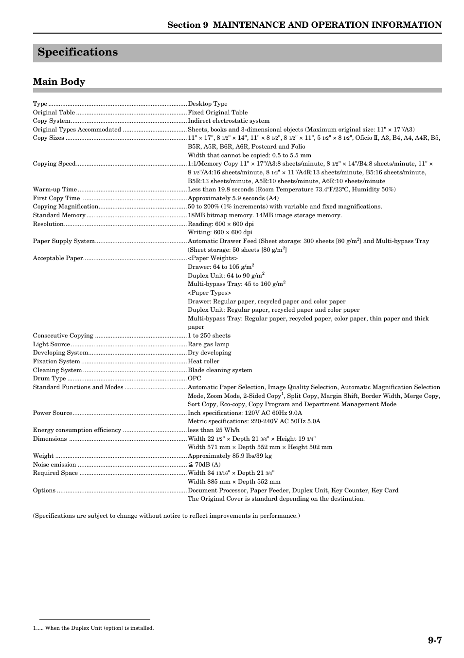 Specifications, Main body, Specifications -7 | Main body -7, 7 main body | TA Triumph-Adler DC 2016 User Manual | Page 111 / 123