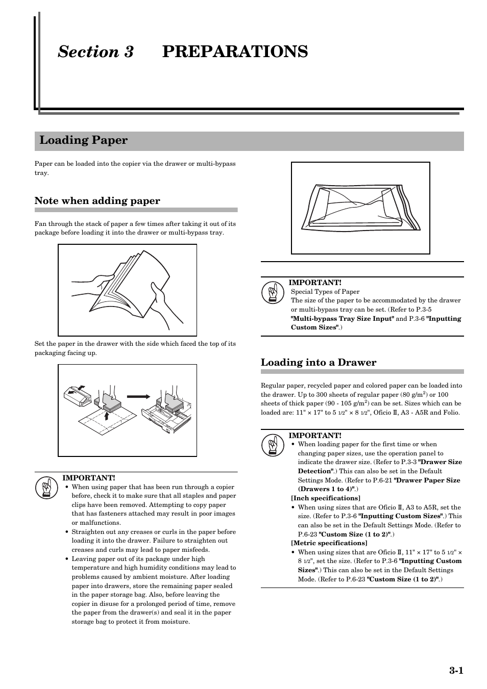 Section 3 preparations, Loading paper, Note when adding paper | Loading into a drawer, Section 3, Preparations -1, Loading paper -1, Note when adding paper -1 loading into a drawer -1 | TA Triumph-Adler DC 2016 User Manual | Page 23 / 123