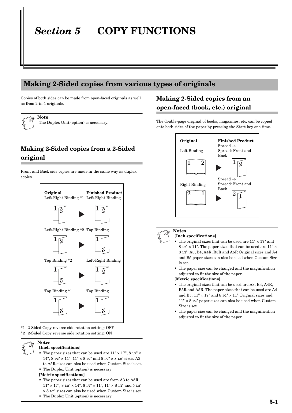 Section 5 copy functions, Making 2-sided copies from a 2-sided original, Section 5 | Copy functions -1, Original -1, Refer to p.5-1), Refer to p.5-1.) pres, Als (refer to, P.5-1.) | TA Triumph-Adler DC 2016 User Manual | Page 39 / 123