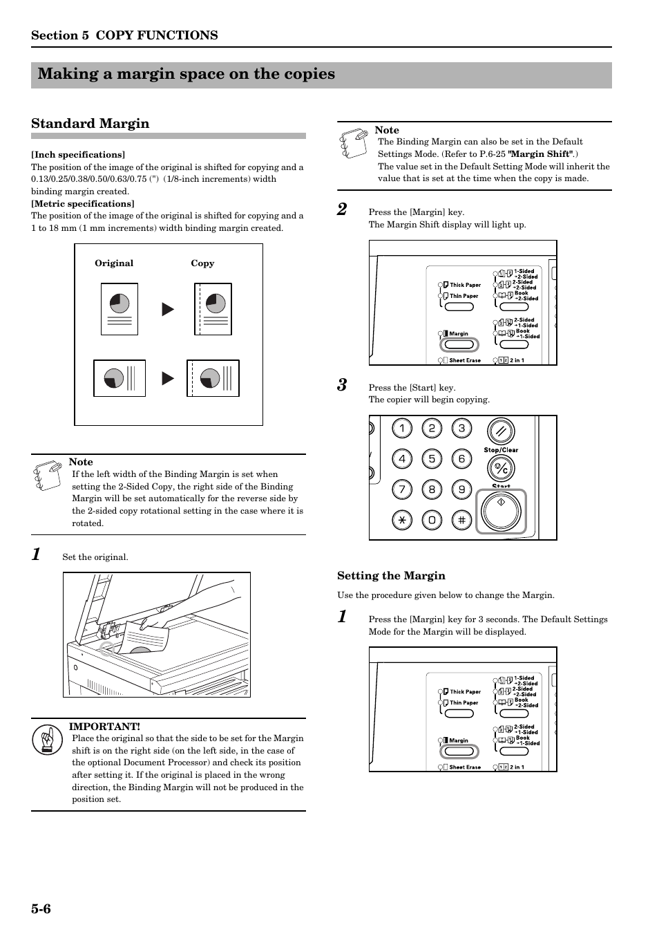 Making a margin space on the copies, Standard margin, Making a margin space on the copies -6 | Standard margin -6, Refer to p.5-6), Refer to p.5-6.) pressing this for, Refer to p.5-6.) | TA Triumph-Adler DC 2016 User Manual | Page 44 / 123