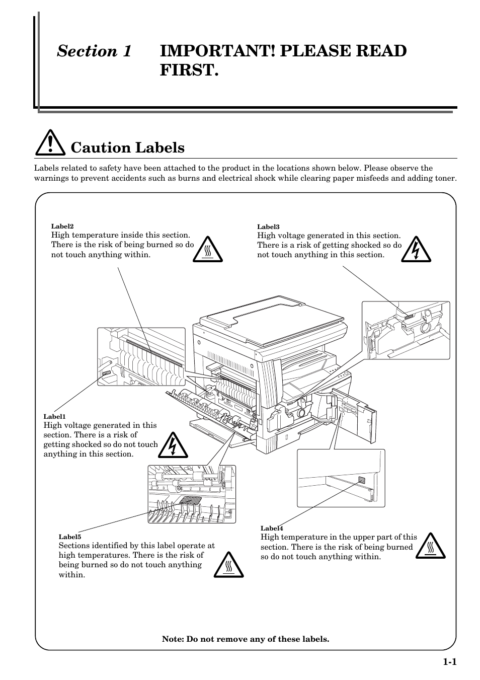Section 1 important! please read first, Caution labels, Section 1 | Important! please read first -1, Caution labels -1 | TA Triumph-Adler DC 2016 User Manual | Page 9 / 123