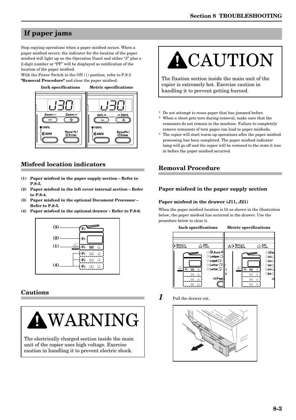 If paper jams, Misfeed location indicators, Cautions | Removal procedure, If paper jams -3, Rs. (refer to p.8-3.), Warning, Caution | TA Triumph-Adler DC 2016 User Manual | Page 97 / 123