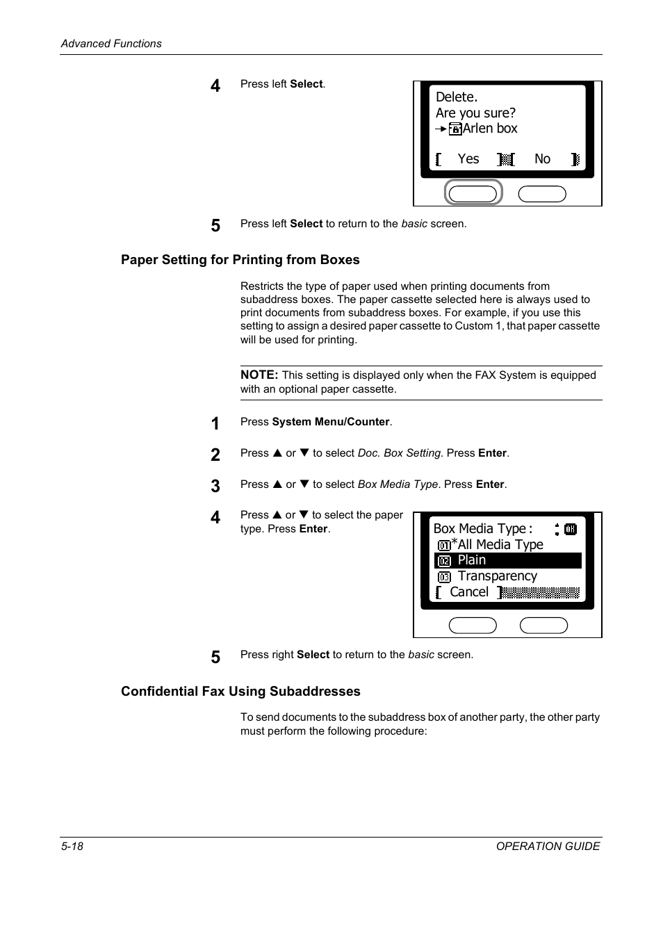 Paper setting for printing from boxes, Confidential fax using subaddresses | TA Triumph-Adler DC 2018 User Manual | Page 110 / 234