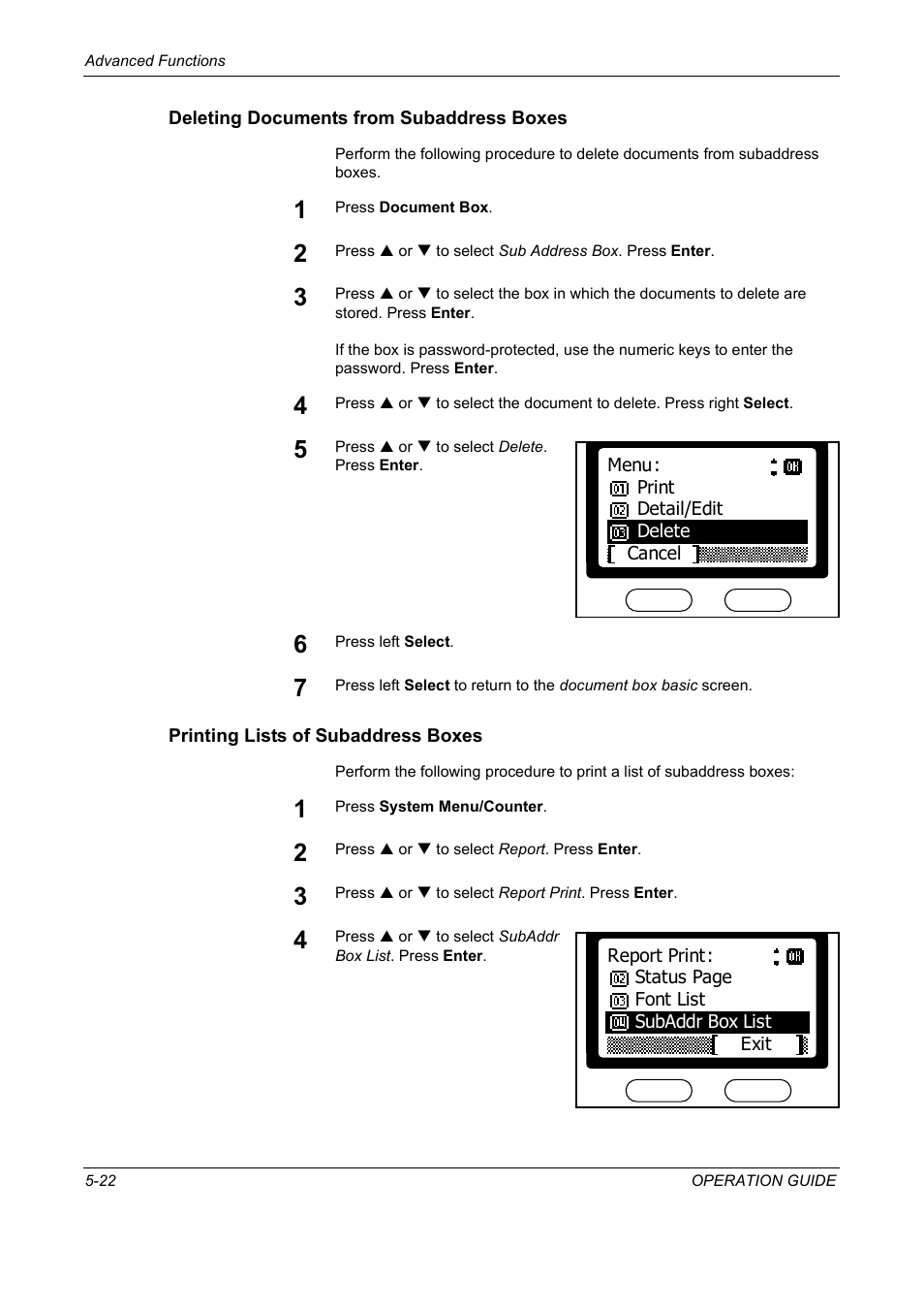 Deleting documents from subaddress boxes, Printing lists of subaddress boxes | TA Triumph-Adler DC 2018 User Manual | Page 114 / 234