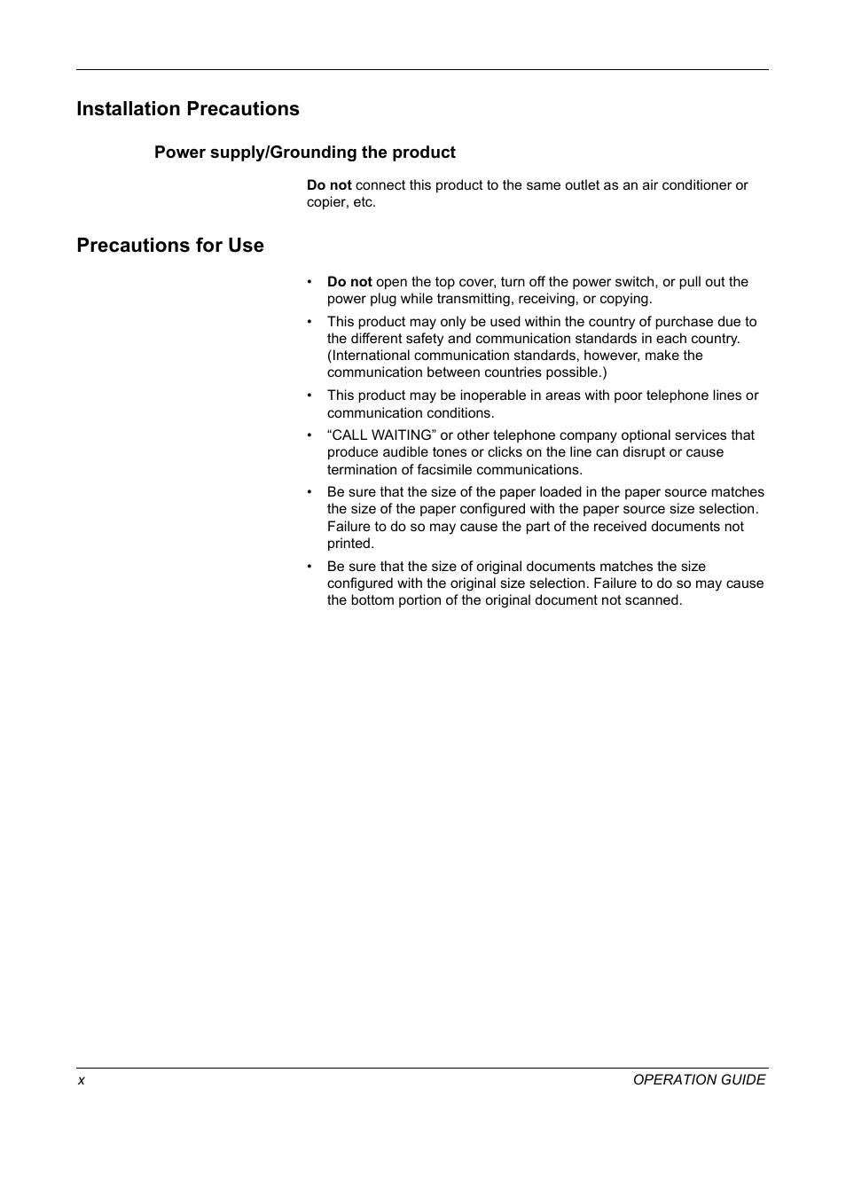 Installation precautions, Power supply/grounding the product, Precautions for use | TA Triumph-Adler DC 2018 User Manual | Page 12 / 234