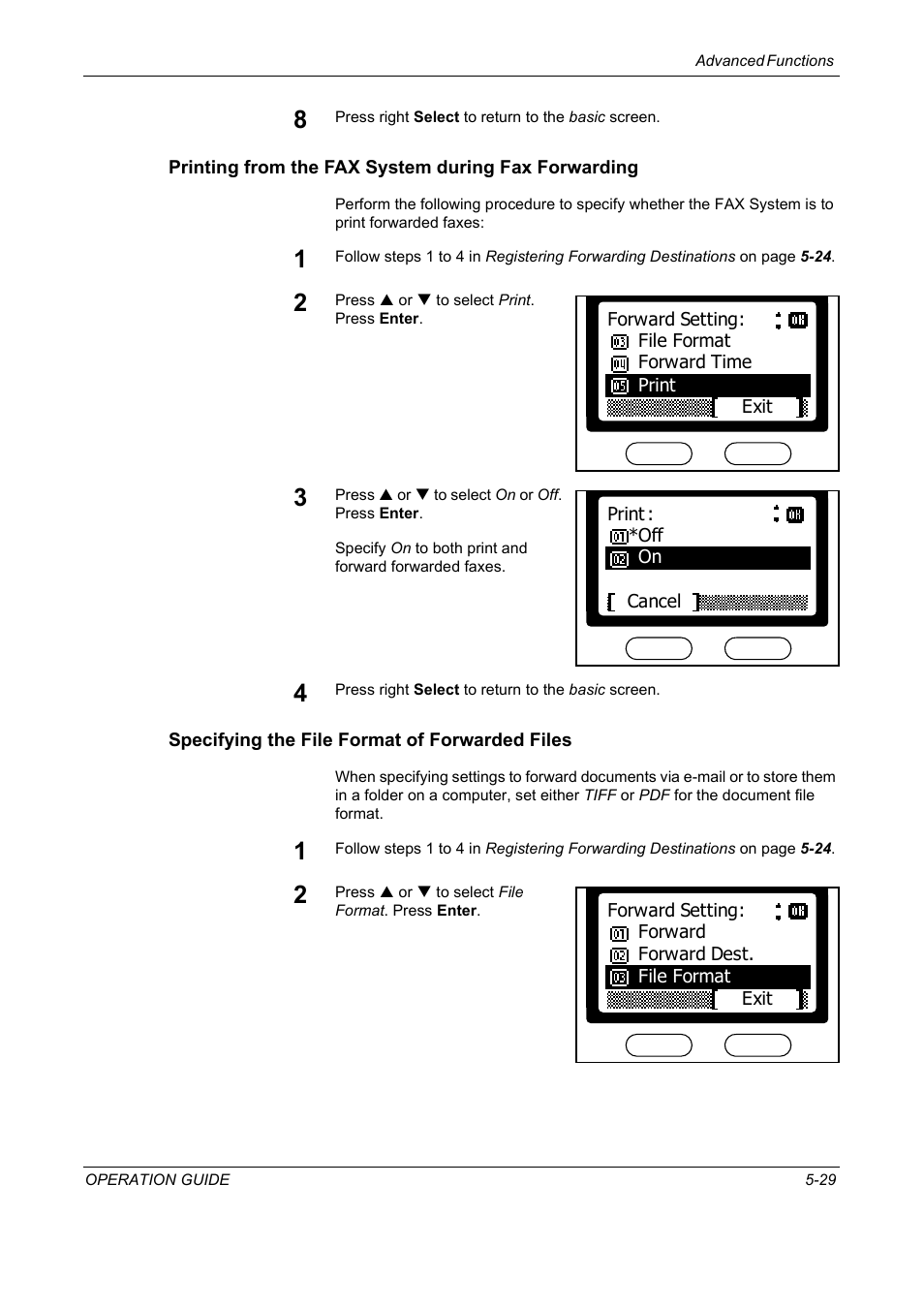 Printing from the fax system during fax forwarding, Specifying the file format of forwarded files | TA Triumph-Adler DC 2018 User Manual | Page 121 / 234