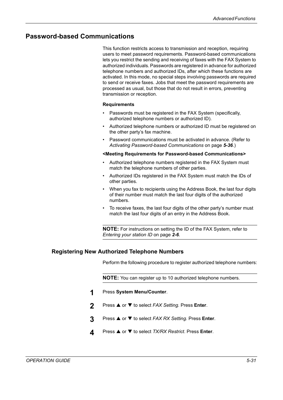 Password-based communications, Registering new authorized telephone numbers, Password-based communications -31 | TA Triumph-Adler DC 2018 User Manual | Page 123 / 234