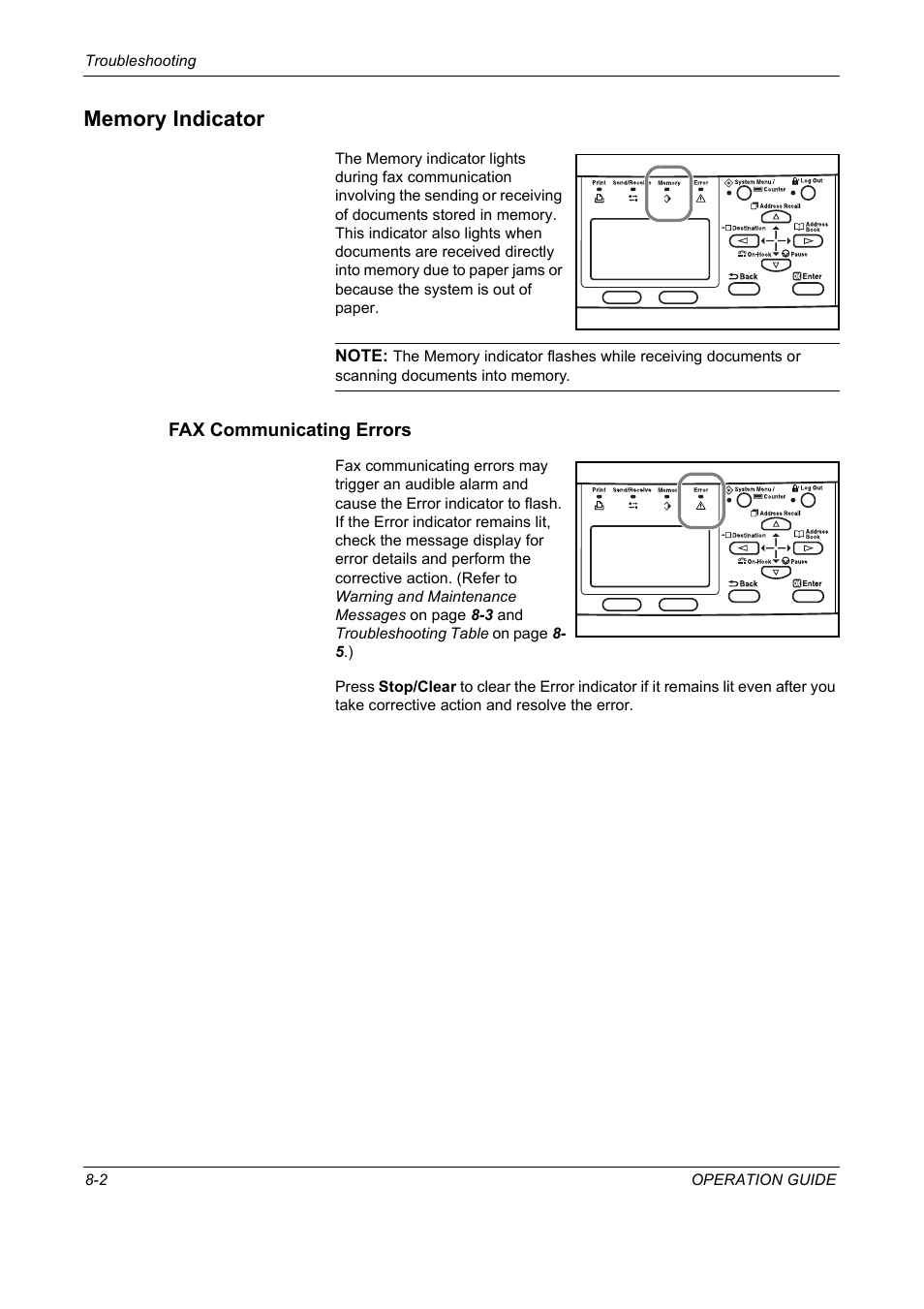 Memory indicator, Fax communicating errors, Memory indicator -2 | TA Triumph-Adler DC 2018 User Manual | Page 178 / 234