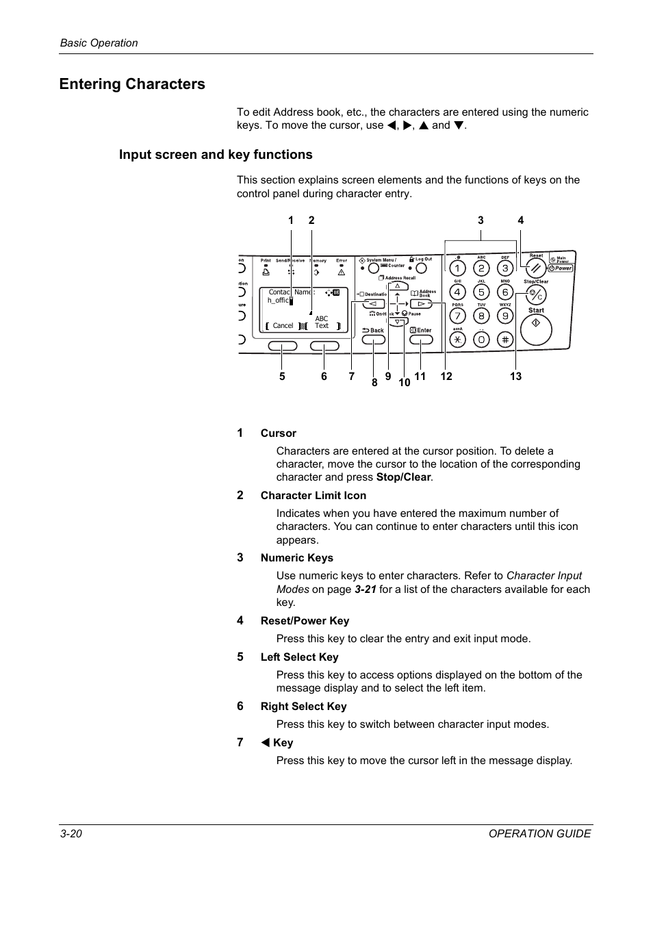 Entering characters, Input screen and key functions, Entering characters -20 | TA Triumph-Adler DC 2018 User Manual | Page 48 / 234