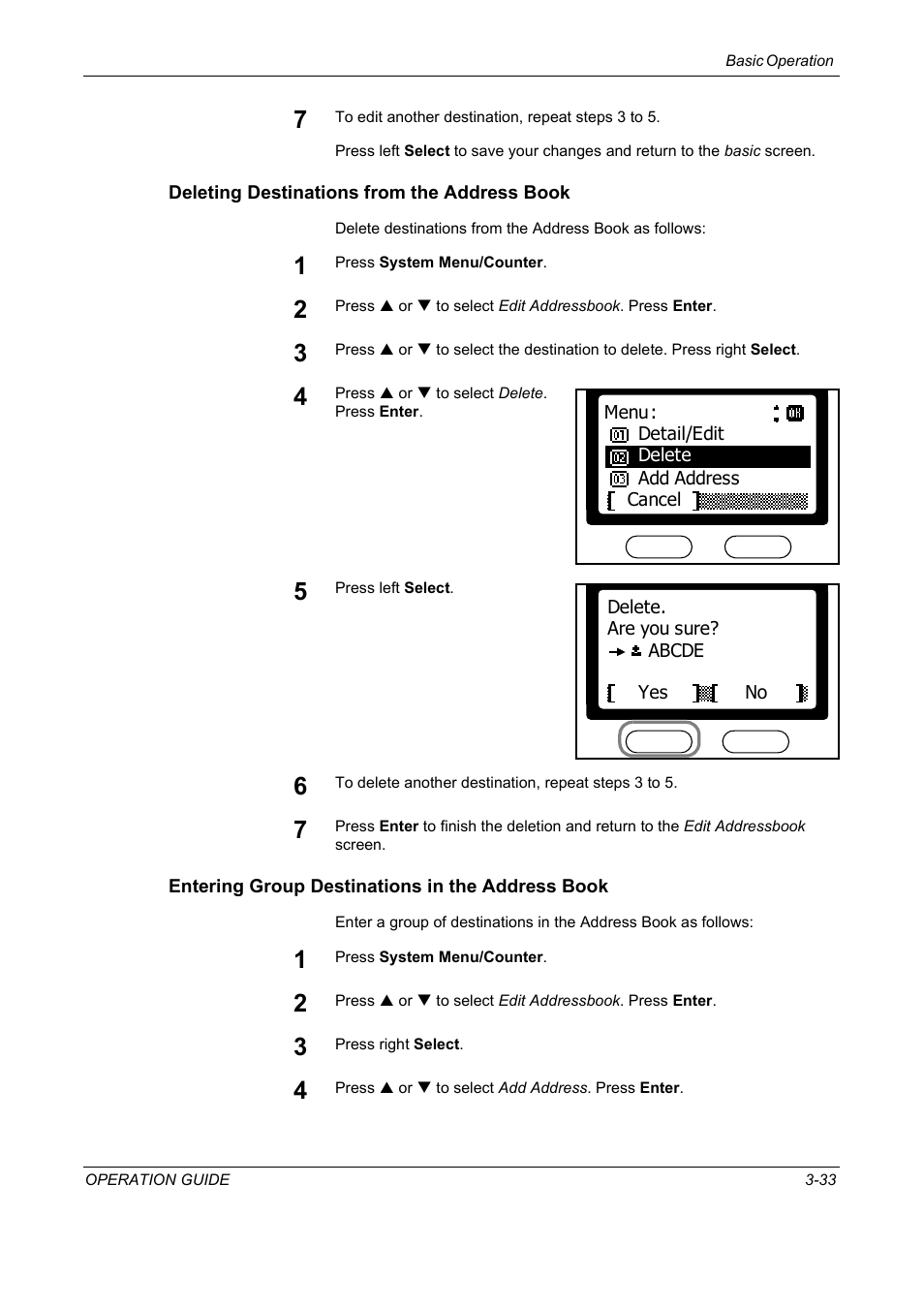 Deleting destinations from the address book, Entering group destinations in the address book | TA Triumph-Adler DC 2018 User Manual | Page 61 / 234