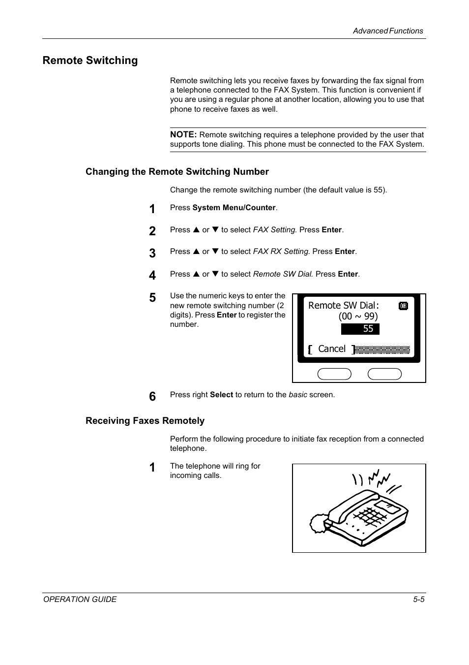 Remote switching, Changing the remote switching number, Receiving faxes remotely | Remote switching -5 | TA Triumph-Adler DC 2018 User Manual | Page 97 / 234