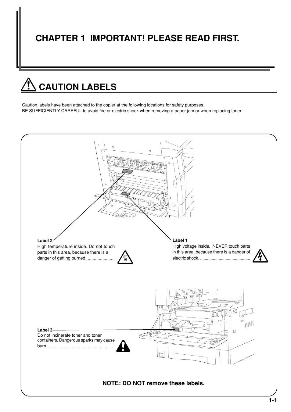 Caution labels, Chapter 1 important! please read first | TA Triumph-Adler DC 2020 User Manual | Page 7 / 73