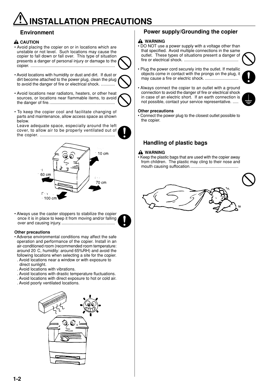 Installation precautions, Power supply/grounding the copier, Handling of plastic bags | Environment | TA Triumph-Adler DC 2020 User Manual | Page 8 / 73