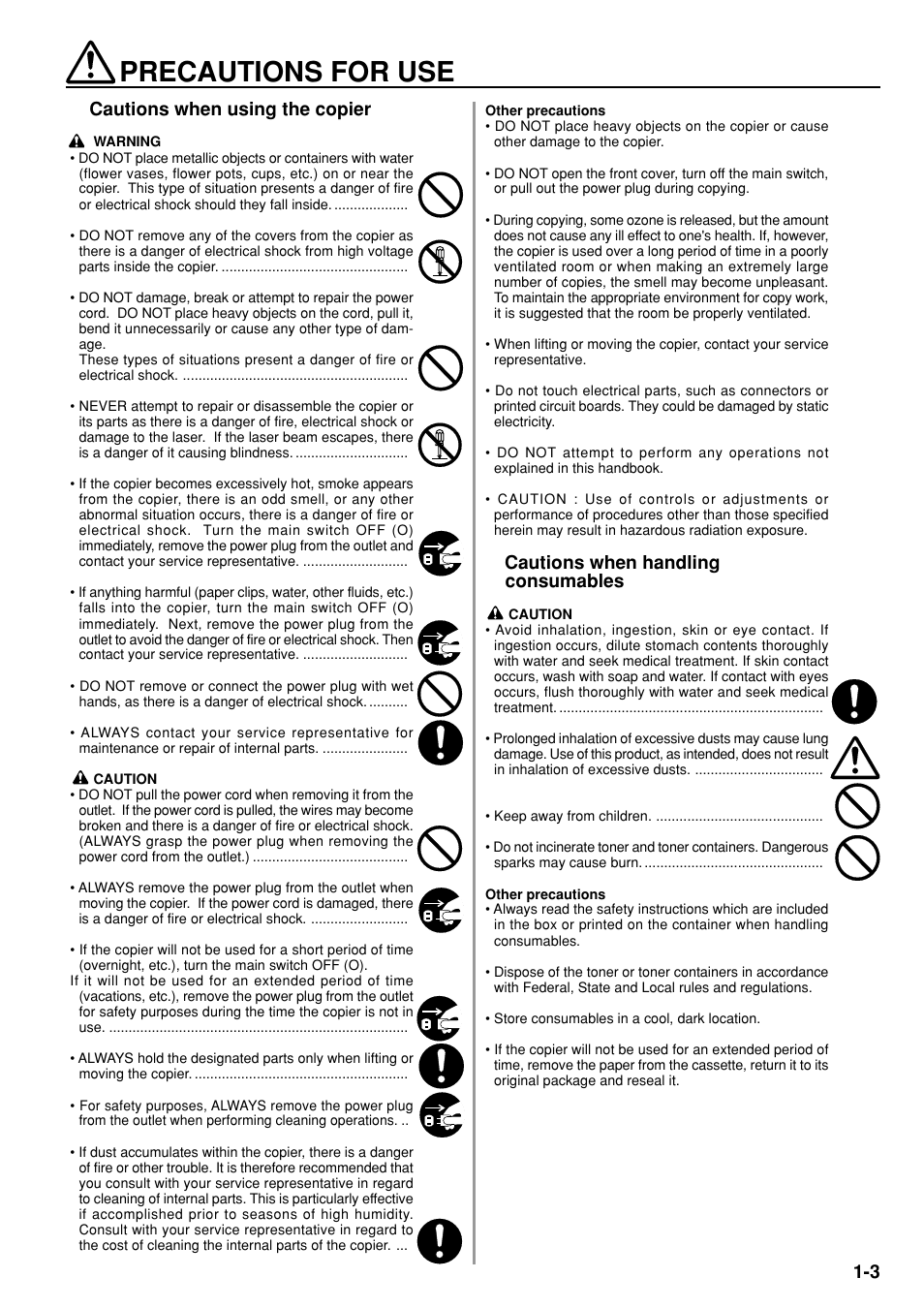 Precautions for use, Cautions when handling consumables, Cautions when using the copier | TA Triumph-Adler DC 2020 User Manual | Page 9 / 73