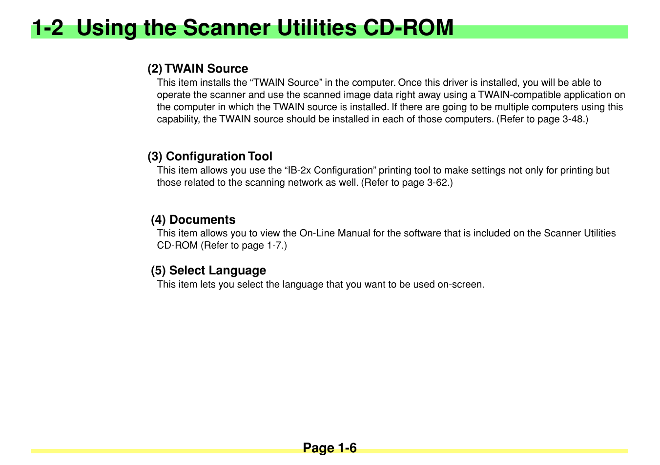 2) twain source, 3) configuration tool, 4) documents | 5) select language, 2) twain source -6, 3) configuration tool -6, 4) documents -6, 5) select language -6, 2 using the scanner utilities cd-rom | TA Triumph-Adler DC 2020 User Manual | Page 17 / 113