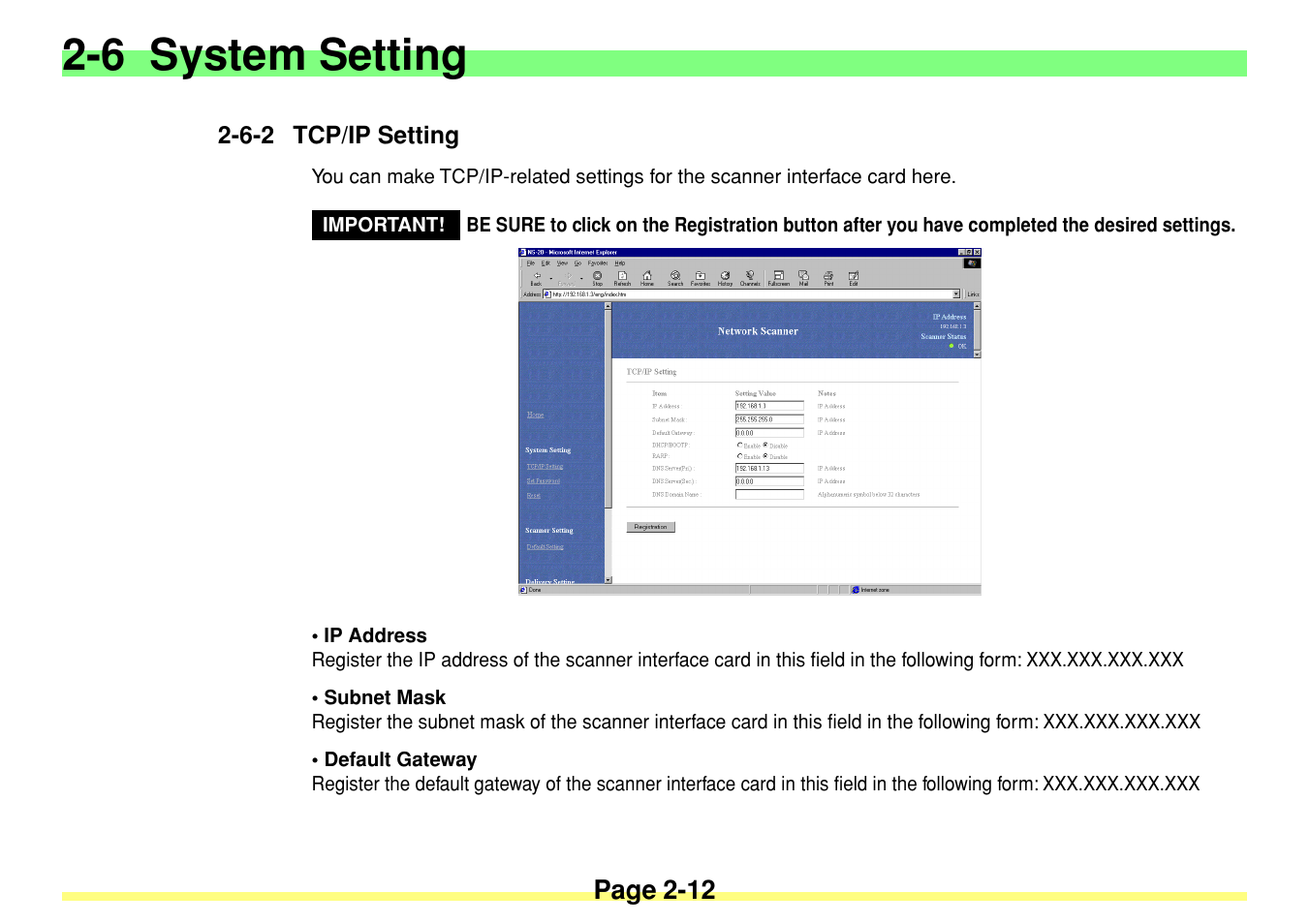 6-2 tcp/ip setting, 6-2 tcp/ip setting -12, 6 system setting | TA Triumph-Adler DC 2020 User Manual | Page 30 / 113