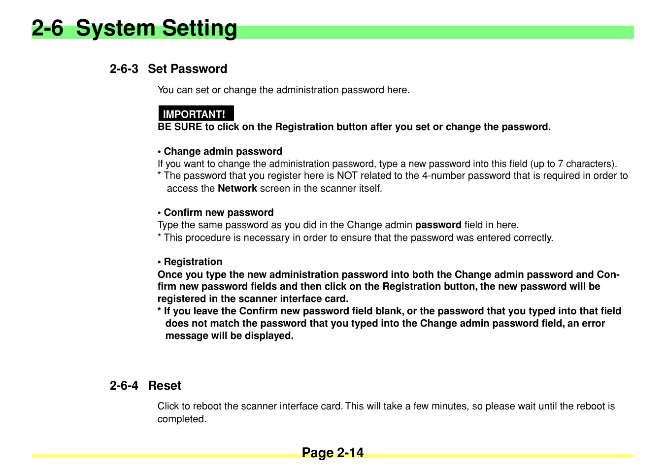 6-3 set password, 6-4 reset, 6-3 set password -14 | 6-4 reset -14, 6 system setting, Page 2-14 | TA Triumph-Adler DC 2020 User Manual | Page 32 / 113