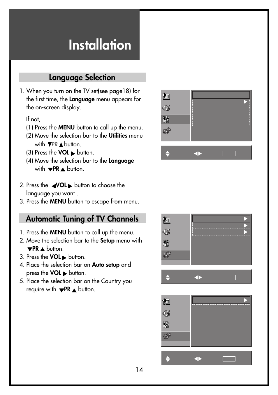 Installation, Language selection, Automatic tuning of tv channels | Daewoo DSL-15D3 User Manual | Page 14 / 29