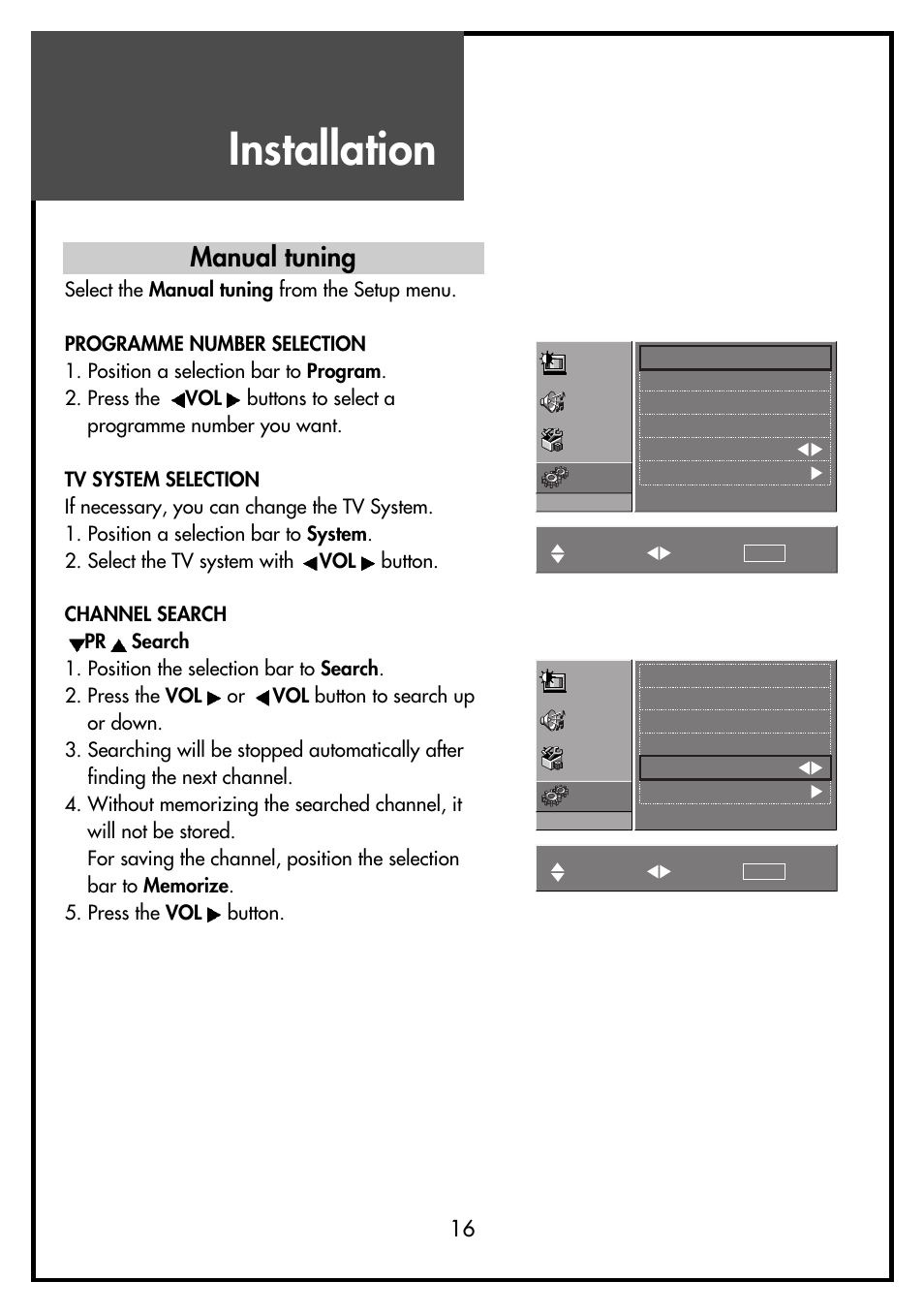 Installation, Manual tuning | Daewoo DSL-15D3 User Manual | Page 16 / 29