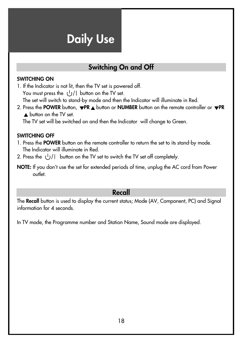 Daily use, Switching on and off, Recall | Daewoo DSL-15D3 User Manual | Page 18 / 29