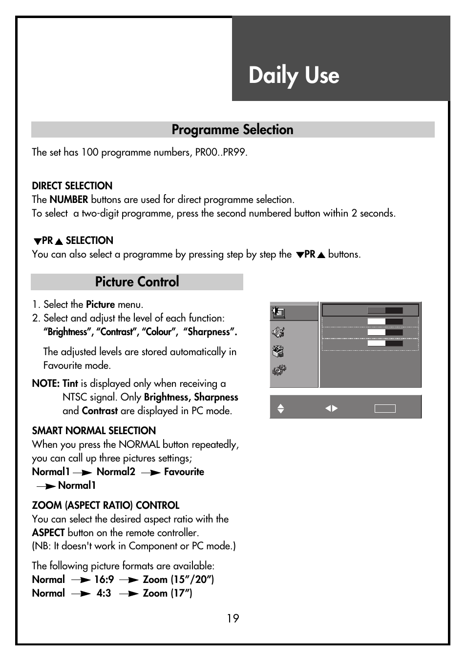 Daily use, Picture control, Programme selection | Daewoo DSL-15D3 User Manual | Page 19 / 29