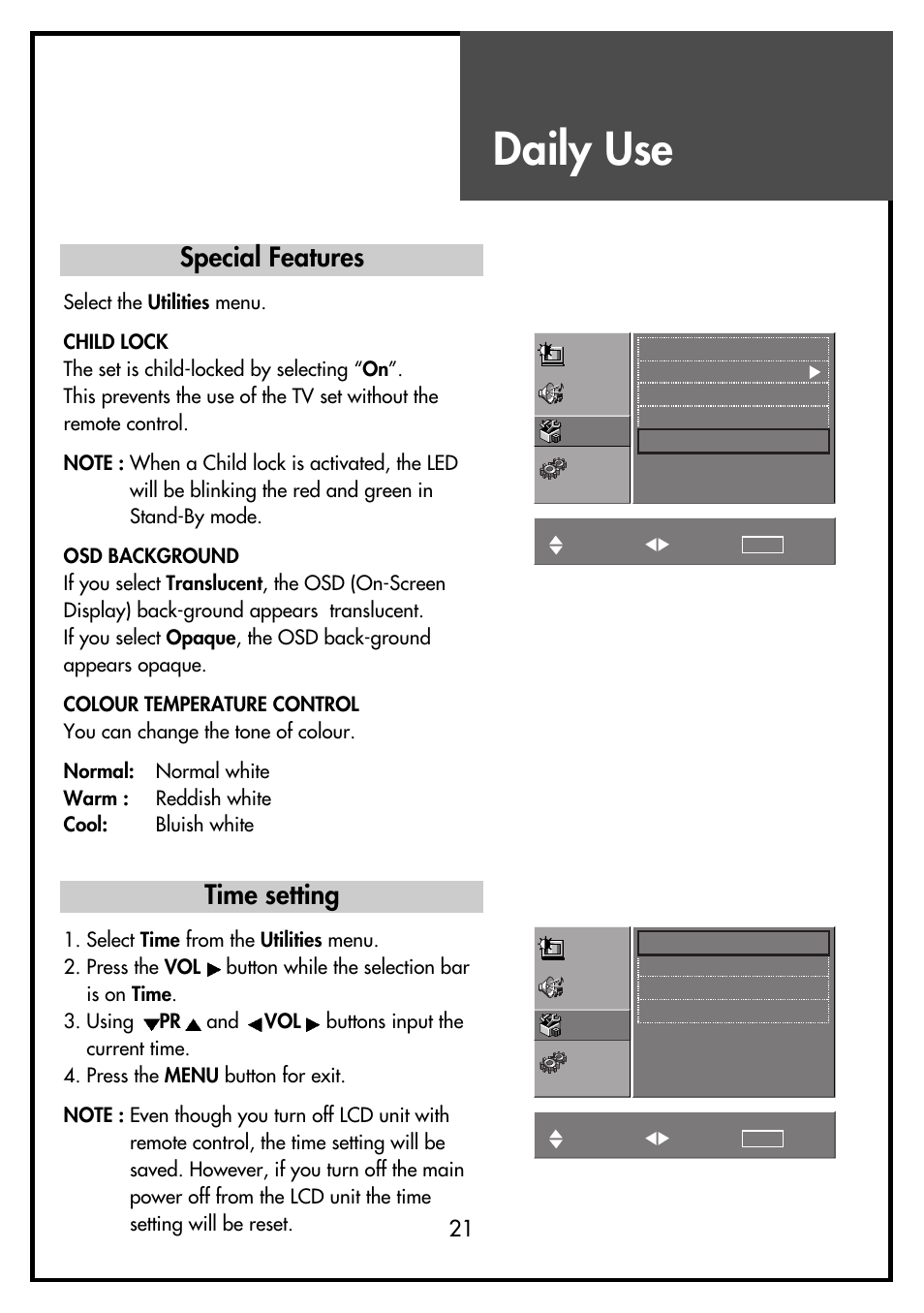 Daily use, Special features, Time setting | Daewoo DSL-15D3 User Manual | Page 21 / 29