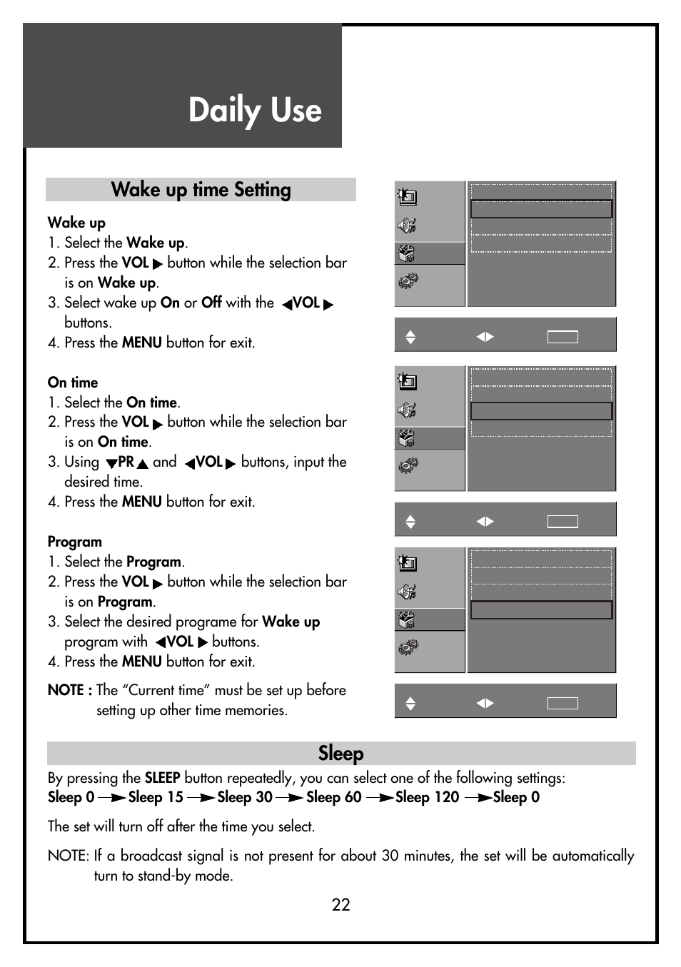 Daily use, Wake up time setting, Sleep | Daewoo DSL-15D3 User Manual | Page 22 / 29