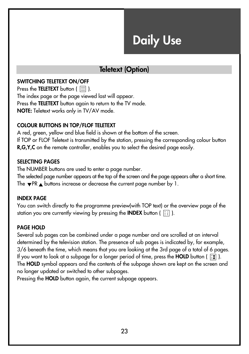 Daily use, Teletext (option) | Daewoo DSL-15D3 User Manual | Page 23 / 29