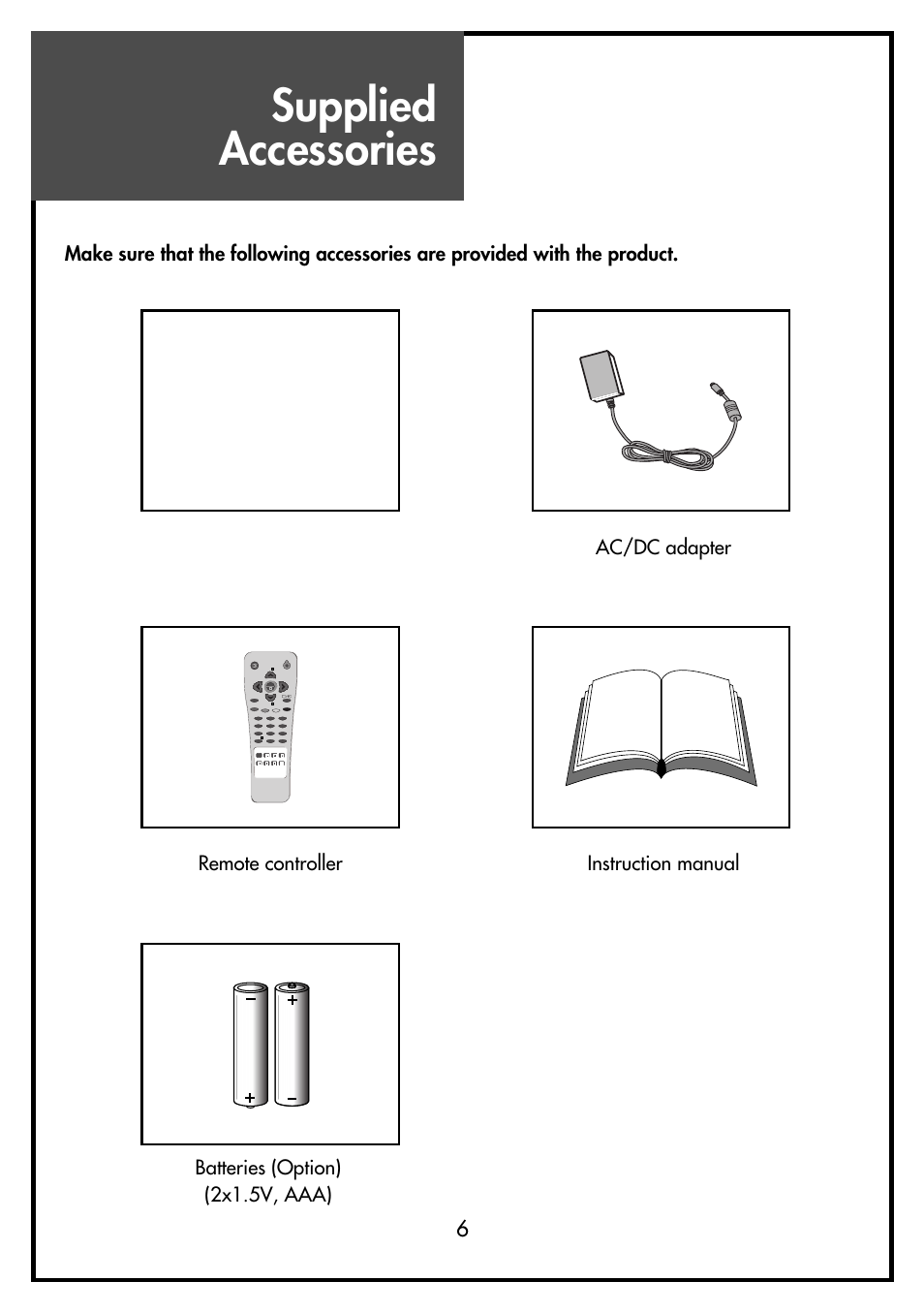 Supplied accessories, Ac cord, Ac/dc adapter | Daewoo DSL-15D3 User Manual | Page 6 / 29