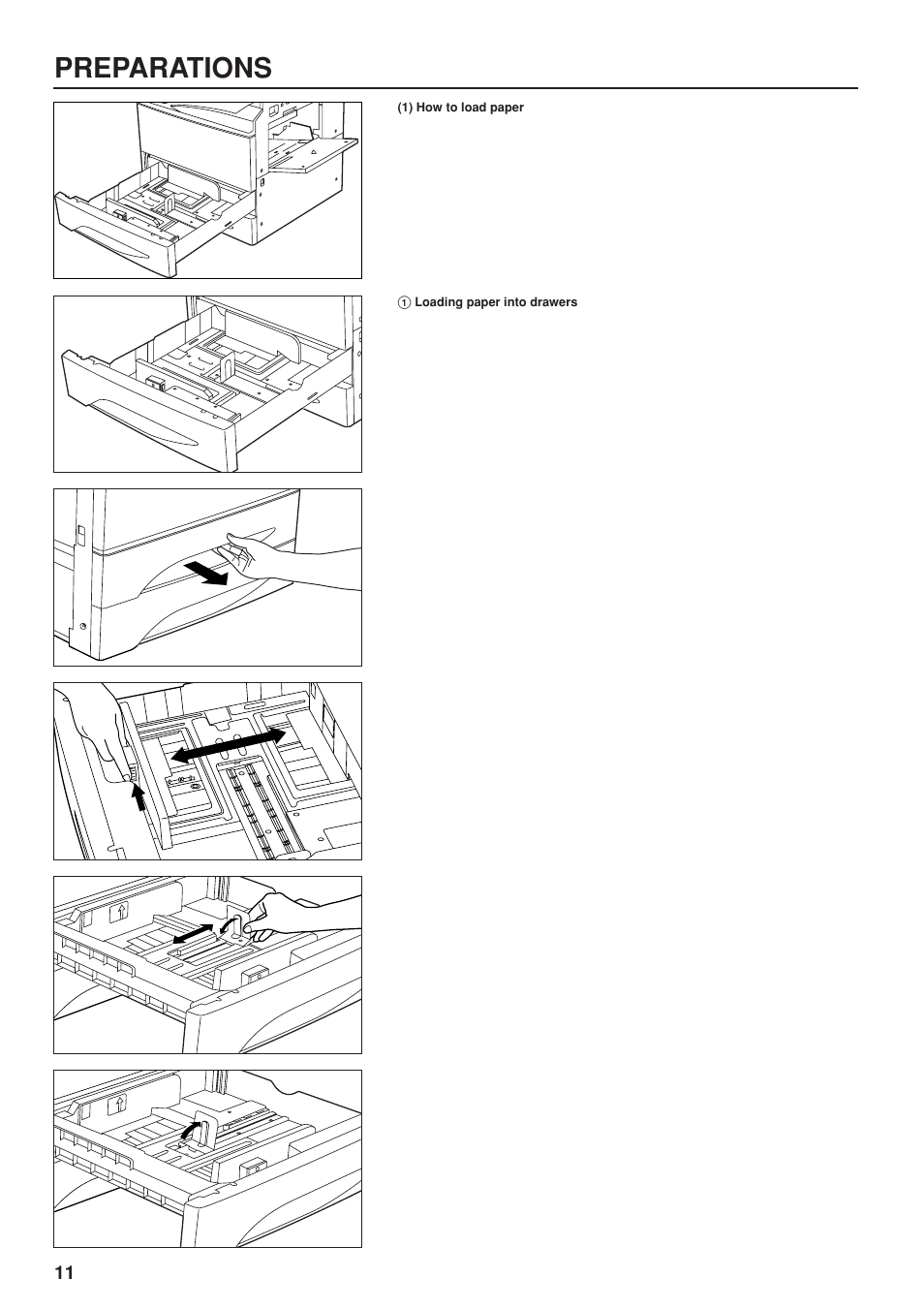 Preparations, 1) how to load paper, 1 loading paper into drawers | Preparations (1) how to load paper, Loading paper into drawers | TA Triumph-Adler DC 2023 User Manual | Page 14 / 90