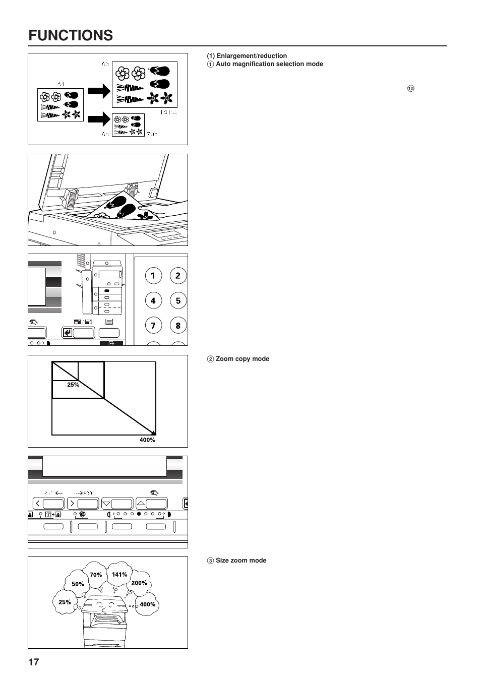 Functions, 1) enlargement/reduction, 1 auto magnification selection mode | 2 zoom copy mode, 3 size zoom mode, Functions (1) enlargement/reduction, Auto magnification selection mode, Zoom copy mode, Size zoom mode | TA Triumph-Adler DC 2023 User Manual | Page 20 / 90