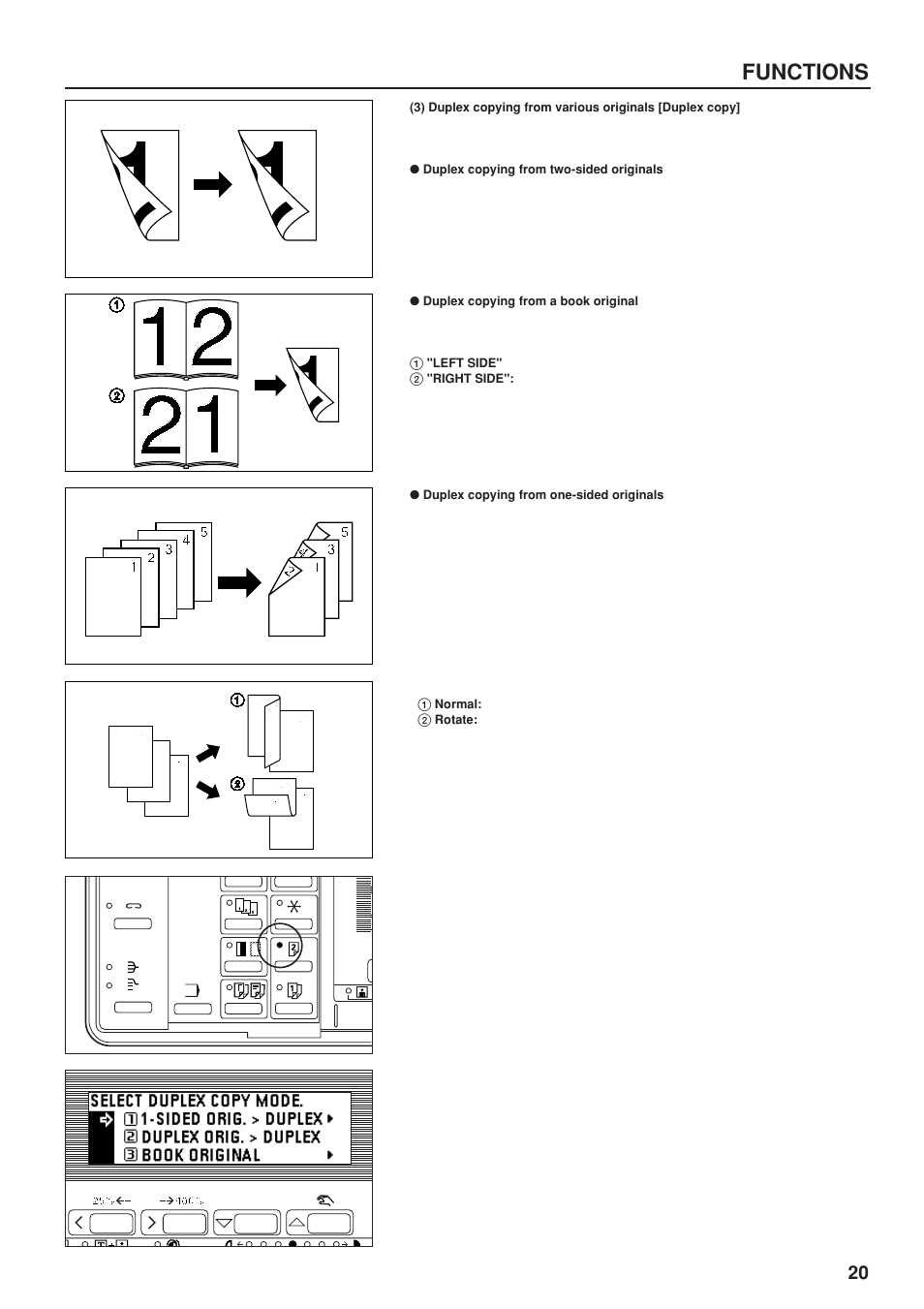 Duplex copying from two-sided originals, Duplex copying from a book original, Duplex copying from one-sided originals | Functions | TA Triumph-Adler DC 2023 User Manual | Page 23 / 90